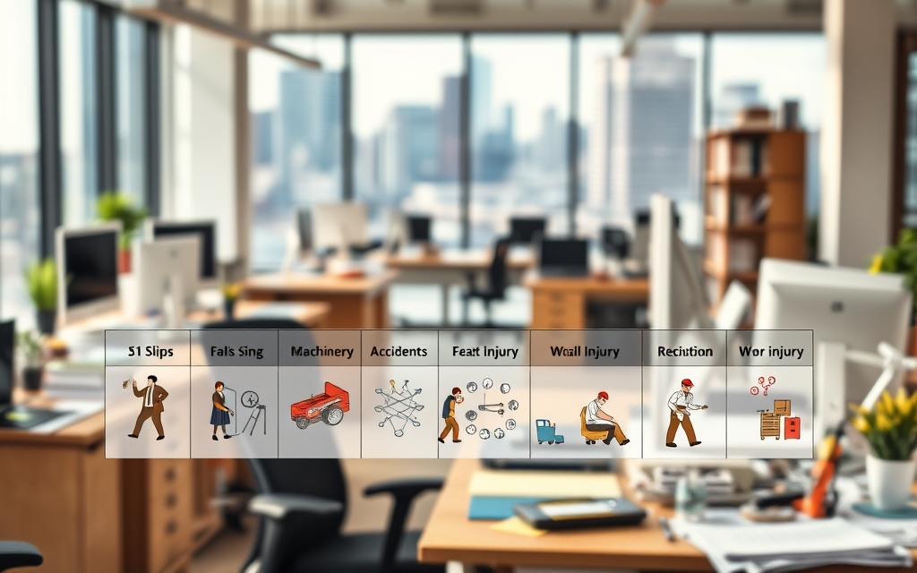 A Bustling Office Interior, With A Desk, Chair, And Various Workplace Tools And Objects In The Foreground. In The Middle Ground, A Series Of Infographic-Style Illustrations Depicting Common Workplace Injury Types, Such As Slips, Falls, Machinery Accidents, And Repetitive Strain Injuries. The Background Features A Blurred Cityscape, Conveying A Sense Of The Wider Work Environment. The Lighting Is Warm And Natural, Creating A Professional And Informative Atmosphere.