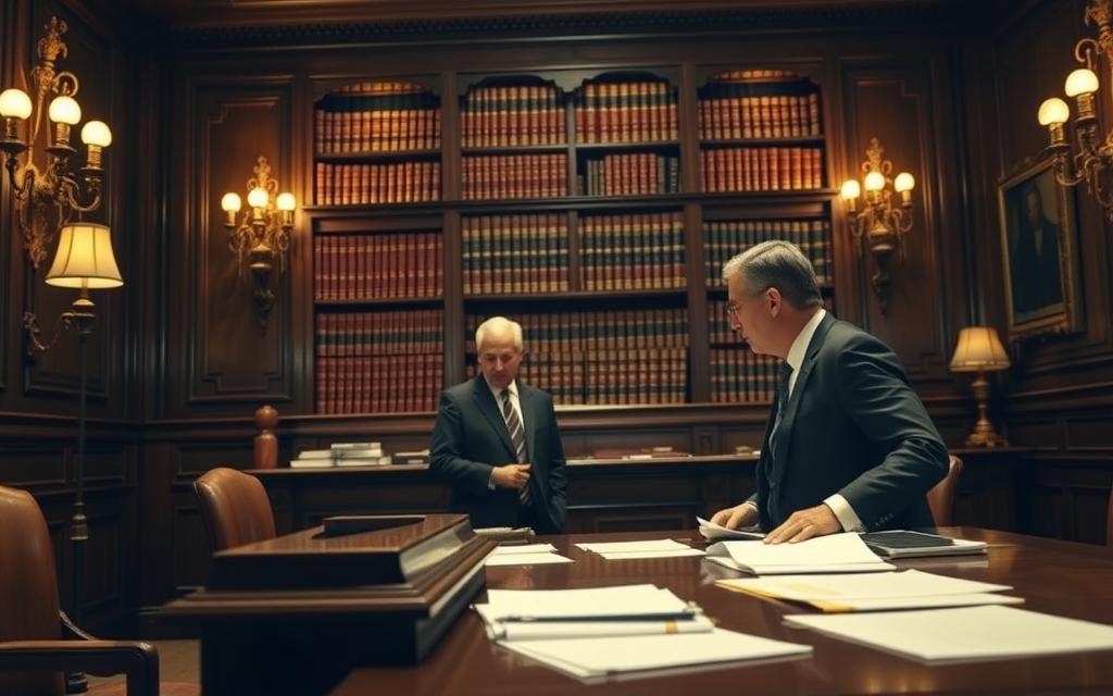 A Dimly Lit Courtroom, The Walls Adorned With Ornate Wooden Paneling And Antique Lamps Casting A Warm Glow. In The Foreground, A Large Mahogany Desk Dominates The Scene, Papers And Documents Scattered Across Its Surface, Hinting At The Complex Legal Matters At Hand. Behind The Desk, A Towering Bookshelf Filled With Weighty Law Volumes, A Testament To The Depth Of Knowledge Required To Navigate These Intricate Cases. In The Middle Ground, A Pair Of Attorneys, Brows Furrowed In Concentration, Engaged In A Heated Yet Professional Discourse, Their Body Language Conveying The Gravity Of The Situation. The Background Is Softly Blurred, Focused Solely On The Critical Elements That Embody The Challenges Of Complex Family Law.