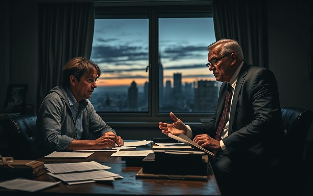 A Dimly Lit Office Interior With A Worn Wooden Desk, Papers Strewn About. In The Foreground, A Frustrated-Looking Tenant Arguing With A Stern-Faced Landlord, Their Body Language Tense And Confrontational. Through The Window Behind Them, A View Of A City Skyline At Dusk, Casting Long Shadows Across The Room. The Lighting Is Dramatic, Creating Deep Shadows And Highlights That Heighten The Sense Of Tension And Conflict. The Scene Is Rendered In A Realistic, Cinematic Style That Captures The High-Stakes Drama Of A Landlord-Tenant Dispute.