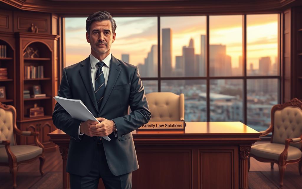 A Highly Detailed, Cinematic Illustration Of Strategic Legal Solutions For Family Issues In Texas. In The Foreground, A Family Law Attorney Stands Confidently, Dressed In A Tailored Suit And Tie, Holding Legal Documents. Behind Them, A Large, Ornate Wooden Desk With A Nameplate That Reads &Quot;Family Law Solutions&Quot;. In The Background, The Iconic Skyline Of Houston Is Visible Through Floor-To-Ceiling Windows, Bathed In Warm, Golden Evening Light. The Scene Conveys A Sense Of Expertise, Trust, And The Ability To Navigate Complex Family Legal Matters With Professionalism And Care.