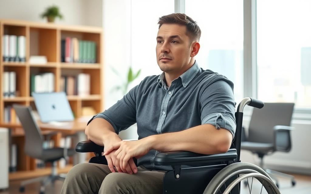 A Person In A Wheelchair, Hands Resting On The Armrests, Sits In A Well-Lit Office. The Background Features Bookshelves, A Desk, And A Window Overlooking A Cityscape. The Lighting Is Soft And Diffuse, Creating A Calming Atmosphere. The Person'S Expression Is Pensive, Suggesting They Are Contemplating The Implications Of Their Temporary Disability And The Benefits They May Be Entitled To. The Overall Scene Conveys A Sense Of Professionalism And Support, Hinting At The Legal And Administrative Aspects Of The Topic.