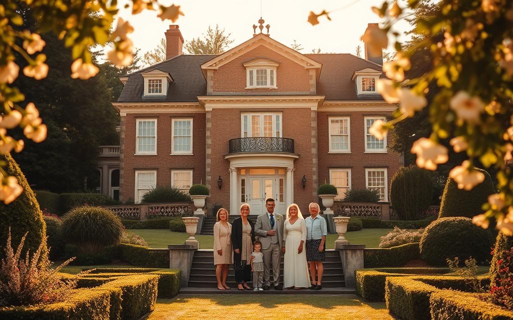 A Stately Manor House Nestled Amidst Lush, Manicured Gardens, Bathed In Warm, Golden Sunlight. In The Foreground, A Family Gathers On The Front Steps, Their Expressions Serene And Confident. Behind Them, The Grand, Ornate Facade Of The Estate Projects An Aura Of Timeless Legacy And Enduring Protection. Wisps Of Delicate Floral Arrangements Frame The Scene, Hinting At The Care And Attention Lavished Upon This Cherished Family Domain. The Composition Evokes A Sense Of Generational Continuity, Security, And The Peaceful Transfer Of Wealth And Responsibility.