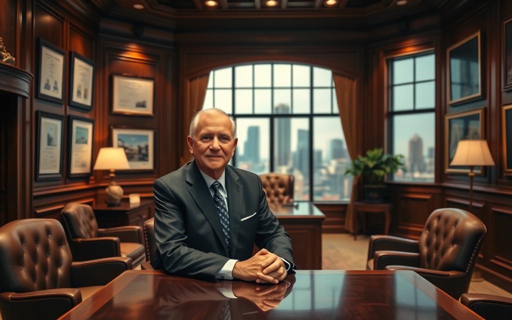 A Stately, Wood-Paneled Office With A Large Mahogany Desk And Plush Leather Chairs. Framed Legal Certificates And Awards Adorn The Walls, Conveying Expertise And Experience. Soft, Directional Lighting Casts Warm Hues, Creating An Atmosphere Of Professionalism And Trust. In The Foreground, An Older, Distinguished-Looking Man In A Tailored Suit Sits At The Desk, Hands Clasped, Exuding A Calm, Assured Presence. The Background Features A Large Window Overlooking The Vibrant Cityscape Of Houston, Symbolizing The Lawyer'S Deep Local Knowledge And Connections.