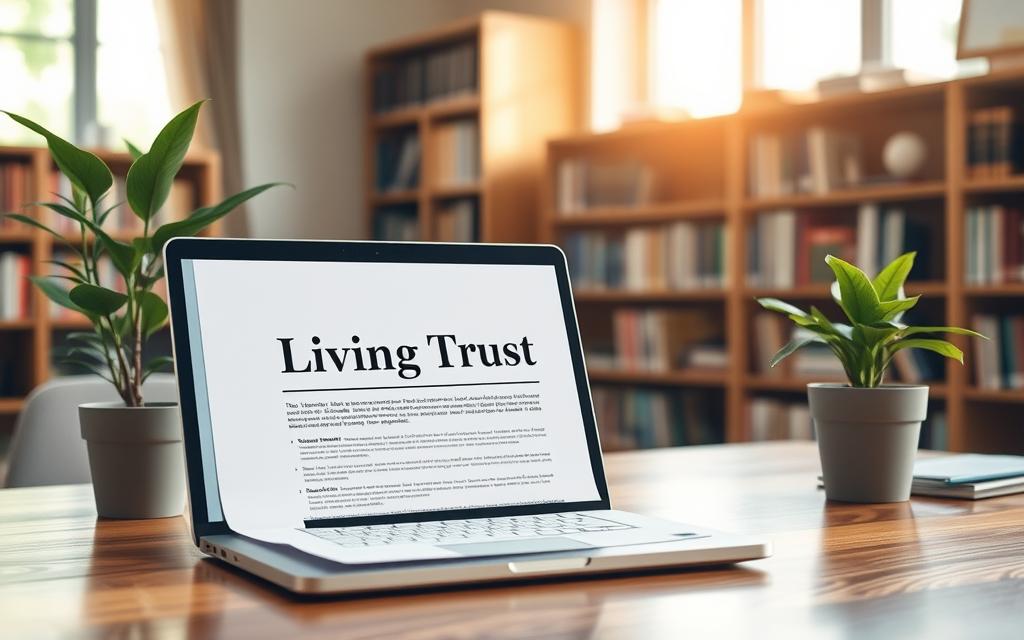 A Tranquil Office Setting With A Wooden Desk, A Potted Plant, And A Laptop Displaying A Legal Document Titled &Quot;Living Trust&Quot;. The Document Is The Focal Point, With Light Streaming In From A Window Behind, Casting A Warm Glow. Bookshelves Line The Walls, Suggesting An Atmosphere Of Knowledge And Expertise. The Overall Mood Is One Of Professionalism, Organization, And The Importance Of Estate Planning. The Image Should Convey The Benefits And Security Of A Living Trust, As An Essential Component Of A Comprehensive Will And Estate Plan.