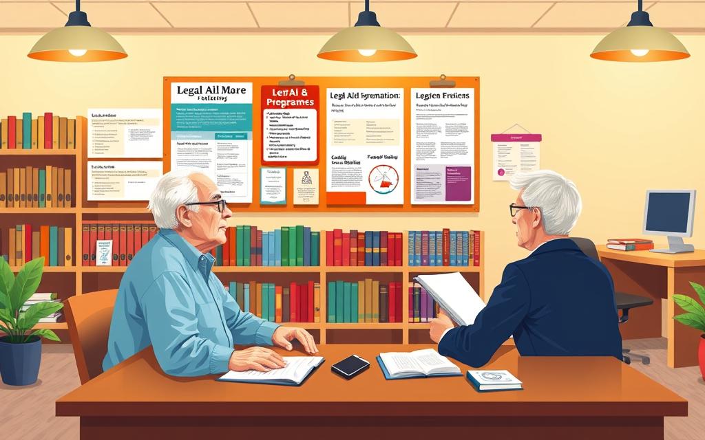 A Vibrant, Well-Lit Illustration Showcasing A Variety Of Legal Aid Programs For Seniors. In The Foreground, An Elderly Couple Sits Across A Desk From A Caring Legal Professional, Discussing Paperwork. Behind Them, A Bulletin Board Displays Informational Pamphlets And Brochures Detailing Different Legal Assistance Options. In The Background, A Law Library With Rows Of Books And A Computer Terminal, Creating An Atmosphere Of Expertise And Guidance. Warm Lighting From Overhead Lamps Casts A Comforting Glow, Emphasizing The Sense Of Support And Accessibility For Older Adults Navigating Complex Legal Matters. The Scene Conveys A Welcoming, Informative, And Professional Environment For Seniors To Seek The Legal Aid They Need.