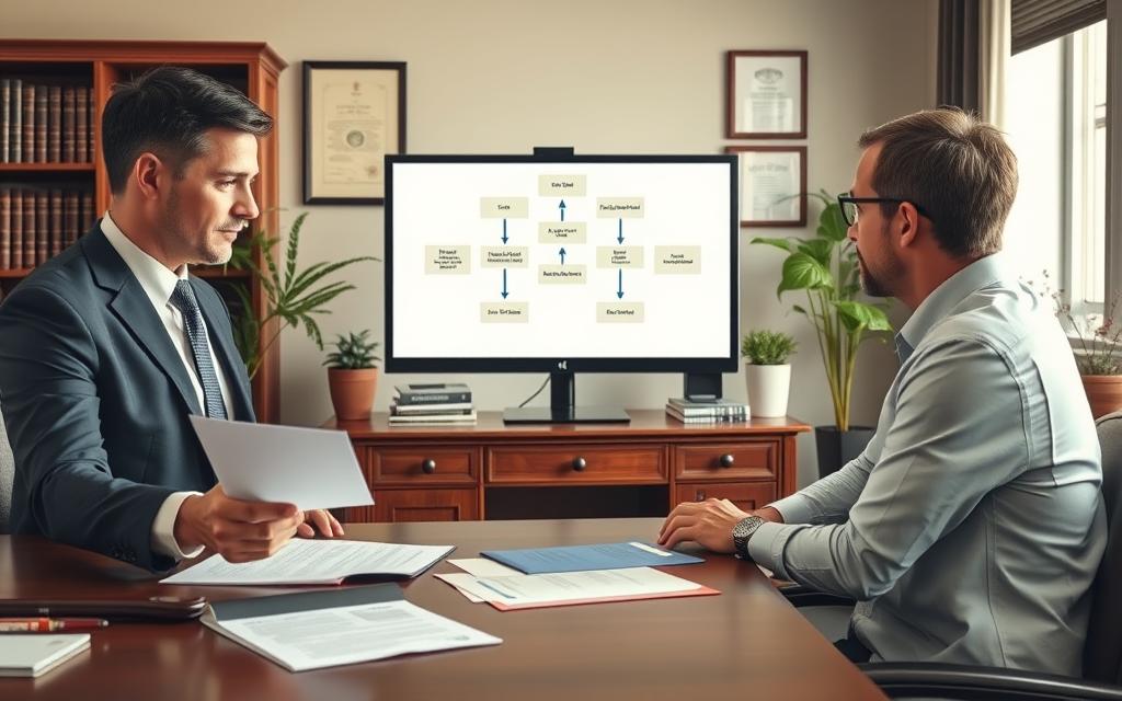 A Well-Lit, Photorealistic Scene Depicting The Step-By-Step &Quot;Will Preparation Process&Quot;. In The Foreground, A Lawyer In A Suit Gestures Towards Legal Documents On A Desk, Explaining The Process To A Client Seated Across From Them. In The Middle Ground, A Computer Displays An Interactive Flowchart Outlining The Stages Of Will Preparation. The Background Shows A Tastefully Decorated Law Office, With Bookshelves, Potted Plants, And Framed Certificates Conveying An Atmosphere Of Expertise And Professionalism. Soft, Directional Lighting From A Window Creates Depth And Subtle Shadows, Highlighting The Cooperative Interaction Between The Lawyer And Client.