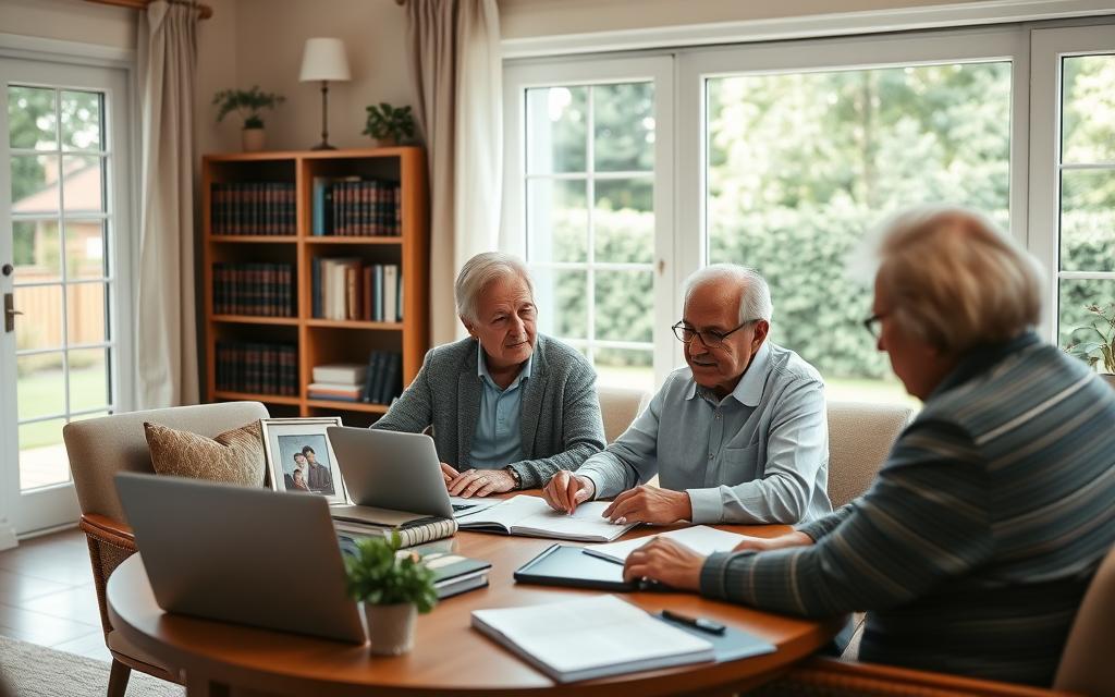 Prompt A Cozy, Well-Lit Senior'S Living Room, With A Large Window Overlooking A Lush Garden. In The Foreground, An Elderly Couple Sits At A Table, Reviewing Documents And Discussing Estate Planning With A Caring, Professional-Looking Elder Law Attorney. The Middle Ground Features Family Photos, A Laptop, And A Planner, Conveying The Importance Of Preparing For The Future. The Background Showcases Bookshelves Filled With Legal Resources, Creating An Atmosphere Of Expertise And Guidance. Soft, Warm Lighting And A Serene, Contemplative Mood Permeate The Scene, Reflecting The Gravity And Care Involved In Securing A Senior'S Legacy.
