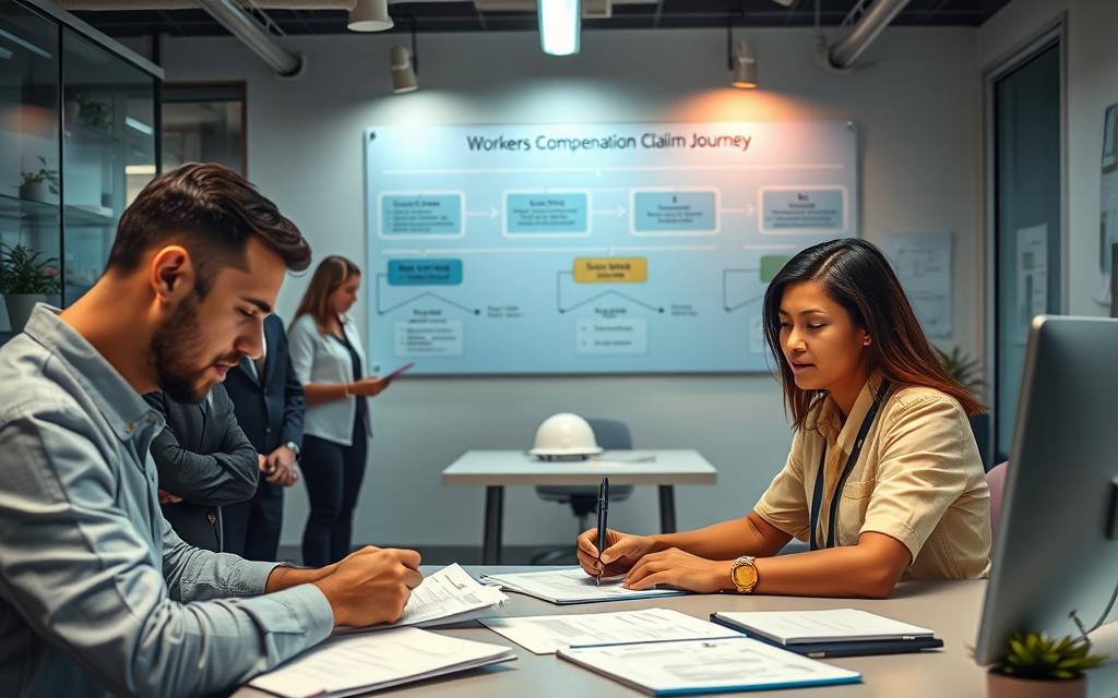 A Bustling Office Scene Capturing The Workers Compensation Claim Process. In The Foreground, A Worker Sits At A Desk, Meticulously Filling Out Forms And Documents. The Middle Ground Features A Staff Of Knowledgeable Assistants Guiding Injured Employees Through The Claims Procedure, Their Faces Filled With Empathy. In The Background, A Wall-Mounted Display Presents A Step-By-Step Flowchart Of The Claims Journey, Illuminated By Warm, Focused Lighting. The Overall Atmosphere Conveys A Sense Of Professionalism, Efficiency, And A Dedicated Commitment To Supporting Workers During Their Time Of Need.
