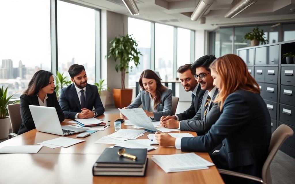 A Bustling Office Scene With A Team Of Diligent Workers Reviewing Documents And Discussing Workers' Compensation Benefits. The Foreground Features A Meeting Table With Scattered Papers, A Laptop, And A Friendly, Approachable Group Of Professionals In Business Attire. The Middle Ground Showcases A Modern, Well-Lit Workspace With Sleek Filing Cabinets And Potted Plants, Conveying A Sense Of Professionalism And Care. In The Background, A Large Window Provides A View Of A City Skyline, Suggesting The Broader Context Of The Legal System And The Importance Of These Benefits For Injured Workers. The Overall Mood Is One Of Expertise, Compassion, And A Commitment To Guiding Employees Through The Complexities Of The Workers' Compensation Process.