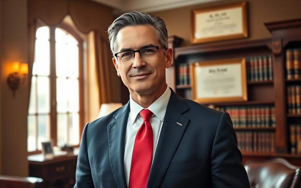 A Confident, Professional-Looking Middle-Aged Man In A Crisp Navy Blue Suit, White Dress Shirt, And Red Tie, Standing In An Elegantly Appointed Law Office. Warm, Directional Lighting From A Large Window Behind Him Casts A Subtle Glow On His Face, Conveying An Air Of Expertise And Authority. The Office Features Mahogany Furniture, Bookshelves Lined With Legal Tomes, And A Large Framed Diploma On The Wall, Suggesting His Extensive Credentials. The Man'S Posture Is Upright And His Expression Is One Of Focused Determination, Ready To Advocate For His Injured Worker Client. The Overall Scene Evokes A Sense Of Trust, Competence, And The Promise Of Justice.