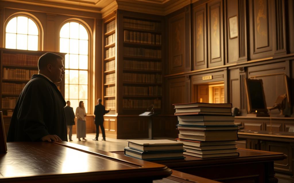 A High-Fidelity Photorealistic Image Of The Legal Disposition Process, Showcasing A Courtroom Scene With A Judge's Bench, Lawyers, And Court Documents. The Setting Is Lit By Warm, Natural Lighting Filtering Through Large Windows, Creating A Sense Of Gravity And Importance. The Composition Features The Judge In The Foreground, Silhouetted Against A Backdrop Of Towering Bookshelves And Legal Tomes, Conveying The Weight Of Judicial Authority. In The Middle Ground, Two Lawyers Stand Engaged In A Discussion, Gesturing Towards A Stack Of Case Files, Representing The Deliberation And Analysis Essential To The Legal Process. The Background Subtly Depicts The Bustling Activity Of The Courthouse, With People Moving Through The Corridors, Emphasizing The Broader Context Of The Legal System. A High-Fidelity Photorealistic Image Of The Legal Disposition Process, Showcasing A Courtroom Scene With A Judge's Bench, Lawyers, And Court Documents. The Setting Is Lit By Warm, Natural Lighting Filtering Through Large Windows, Creating A Sense Of Gravity And Importance. The Composition Features The Judge In The Foreground, Silhouetted Against A Backdrop Of Towering Bookshelves And Legal Tomes, Conveying The Weight Of Judicial Authority. In The Middle Ground, Two Lawyers Stand Engaged In A Discussion, Gesturing Towards A Stack Of Case Files, Representing The Deliberation And Analysis Essential To The Legal Process. The Background Subtly Depicts The Bustling Activity Of The Courthouse, With People Moving Through The Corridors, Emphasizing The Broader Context Of The Legal System.